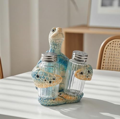 Blue Sea Turtle Salt and Pepper Shaker Holder Set - Coastal Kitchen Decor