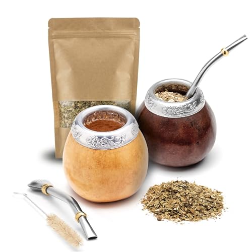 BALIBETOV 3.5oz Natural Dark Brown Handmade Yerba Mate Gourd Set with Bombilla & Brush