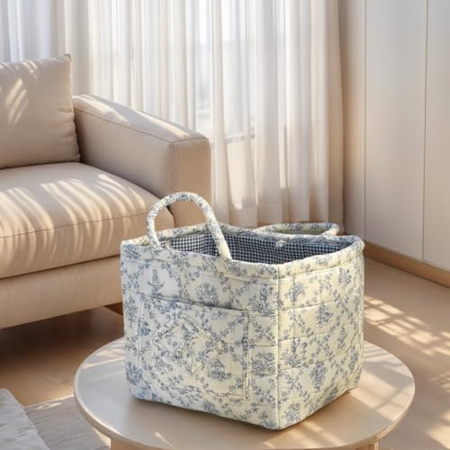 Floral Quilted Fabric Storage Basket with Handles, Foldable Laundry Organizer