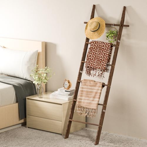 6-Tier Wooden Blanket Ladder with Hooks - Rustic Farmhouse Towel Rack