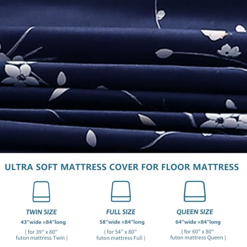 Futon Mattress Cover - Navy Floral, Twin Size, Soft & Washable