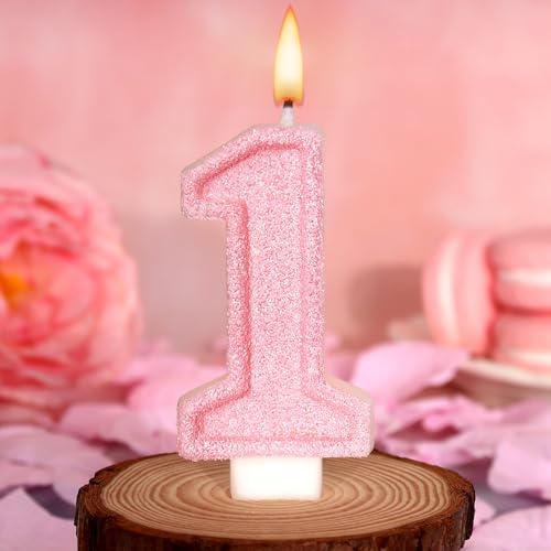 Pink Glitter Number 1 Birthday Candle for First Birthday