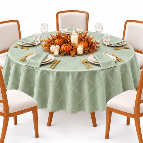 Newbridge 70" Round Sage Green Ribbons & Bows Damask Tablecloth