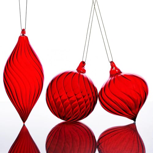 3Pcs Blown Glass Christmas Ornaments Set - Red Holiday Tree Decorations