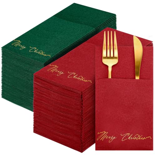 Merry Christmas 100 Pcs Pocket Napkins with Built-in Flatware Pocket (50 Red, 50 Green) - Linen-Feel Disposable