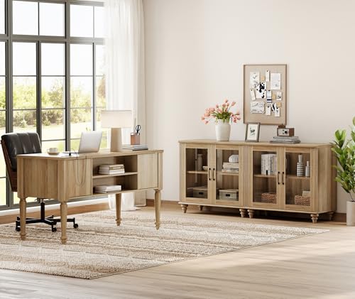 56-Inch Farmhouse Executive Desk and Glass Door Cabinet Office Set