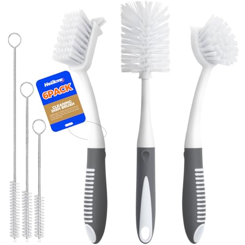 6-Piece Kitchen Dish Brush Set with Bottle, Pan & Straw Brushes (Gray)
