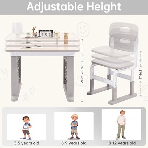 Height Adjustable Kids Study Desk and Chair Set with Storage - Grey