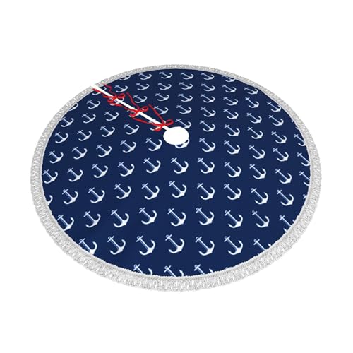 Navy Blue Nautical Christmas Tree Skirt 48 Inch with White Anchor & Tassel Edge - Rustic Holiday Decoration