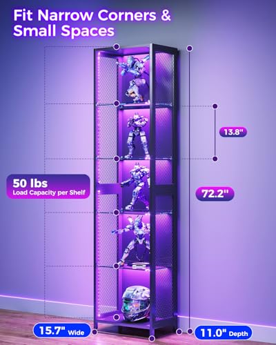 72-inch Tall Slim Display Cabinet with LED Lights and Glass Shelves