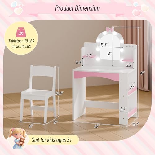 Kids Vanity Table and Chair Set with LED Mirror and Storage, White