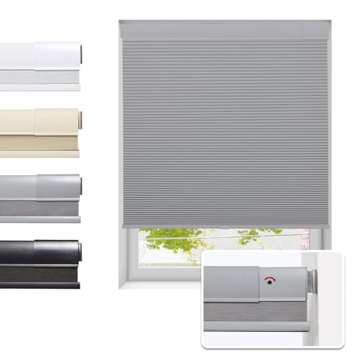 No Drill Cordless Honeycomb Shades, Thermal Insulating, Grey 22" W x 64" H