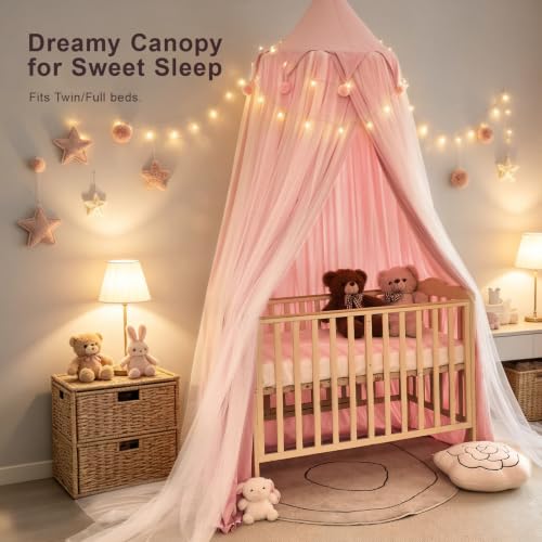 Princess Bed Canopy with Star Lights - Breathable Double Layer Drape for Girls