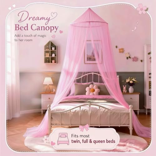 Pink Round Dome Bed Canopy for Girls - Breathable Mosquito Netting