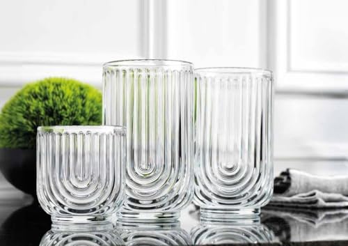 16-Piece Ribbed Glassware Set, Art Deco Highball and DOF Drinking Glasses