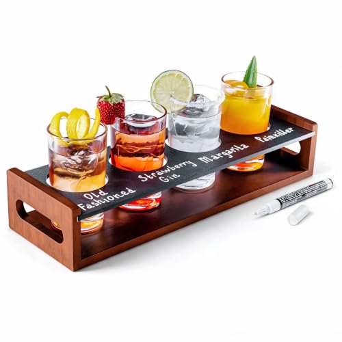 Wooden Flight Tasting Board with 4 Glasses and Chalkboard Labeling