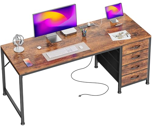 55-Inch Computer Desk with Built-In Power Outlets & 4 Drawers - Rustic Brown