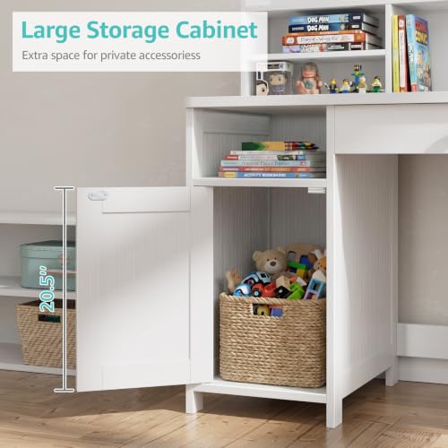 BOLUO Wooden Kids Study Desk with Storage & Chair Set, White for Ages 8-12