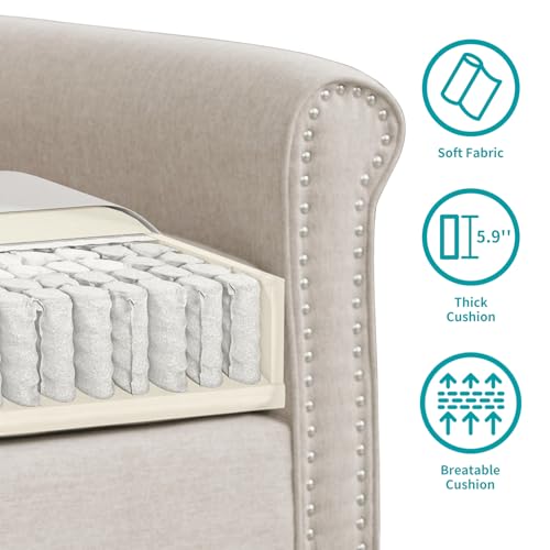 Linen Fabric Living Room Sofa and Loveseat Set with Nailhead Trim, Beige