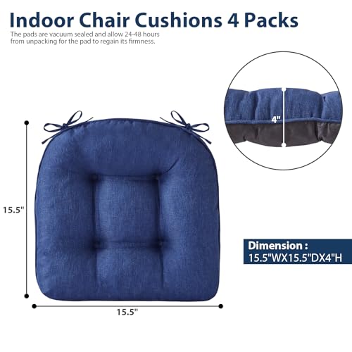 Tufted Dining Chair Cushions, 15.5-inch Non-Slip Seat Pads, Set of 4, Navy