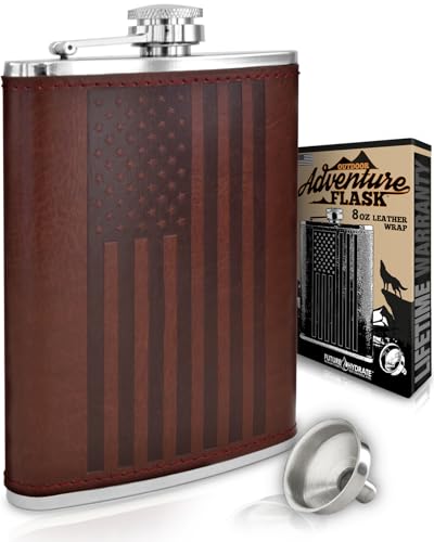 Brown Leather Wrap American Flag 8oz Hip Flask with Funnel – Stainless Steel, Leak Proof, Food Grade, Outdoor & Gift Set