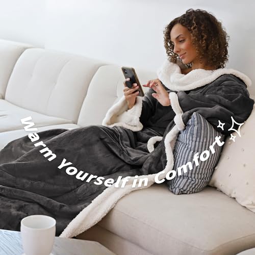Sherpa Wearable Blanket with Sleeves and Pocket for Adults