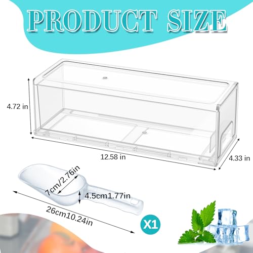 Clear Pull-Out Ice Container for Freezer with Scoop - Stackable Fridge Bin