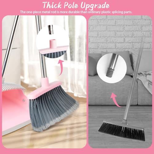 Long Handle Broom and Dustpan Set with Self-Cleaning Comb Teeth, Pink Gray