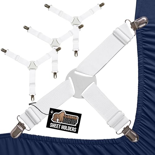 Gorilla Grip Bed Sheet Holders, Adjustable Elastic Straps with Metal Clips, 4 Pack White