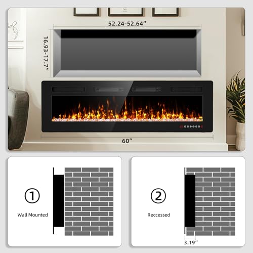 60 Inch Electric Fireplace Recessed And Wall Mounted With Remote