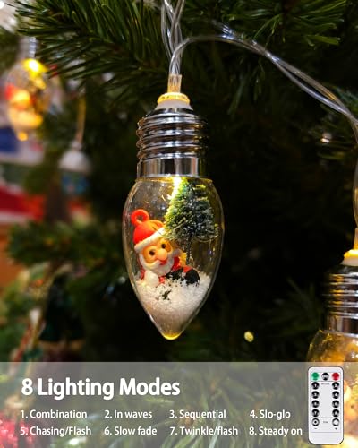Vintage Christmas Snow Globe String Lights 6.8Ft Battery Operated 10 LED with 8 Modes & Timer - Christmas Elements with Christmas Tree