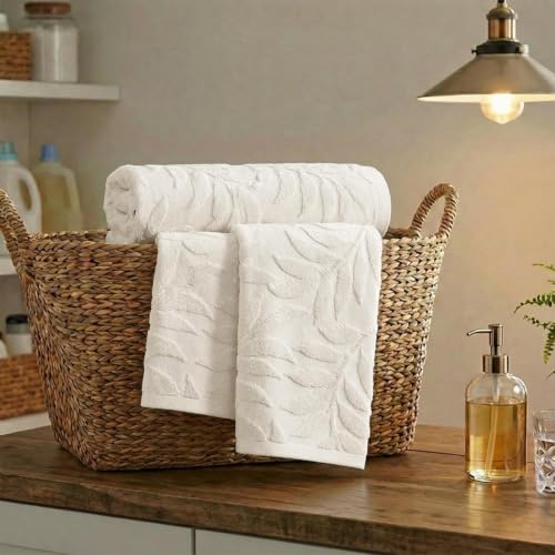 3D Leaves Jacquard Hand Towels - 100% Cotton Soft Absorbent, 2-Piece Set