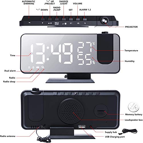Digital Projection Alarm Clock with Ceiling Projector & USB Charging