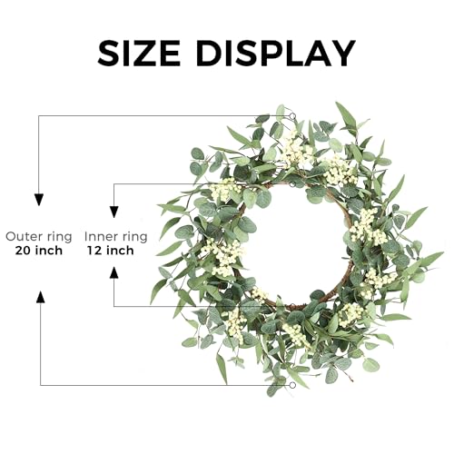 20-Inch Eucalyptus Wreath for Front Door, Rustic Farmhouse Greenery Decor