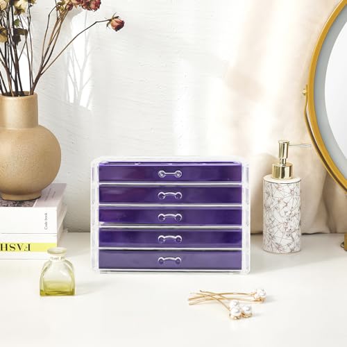 Purple Earring Holder Organizer Jewelry Box with 5 Removable Velvet Trays - Stackable, Compact Storage