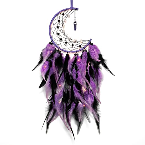 Handmade Purple Moon Dream Catcher with Fairy Lights Wall Hanging Decor