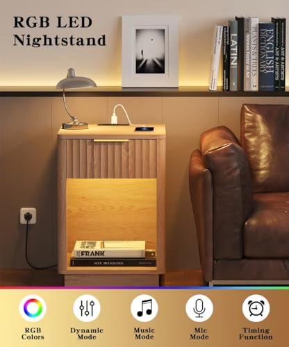 Fluted Nightstand Set with Charging Station and LED Light, 2-Piece