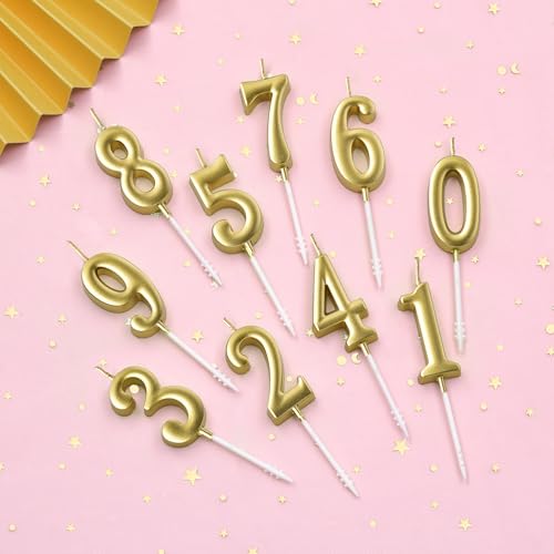 Gold Number Birthday Candles Set - 10 Pieces 0-9 Glitter Cake Toppers