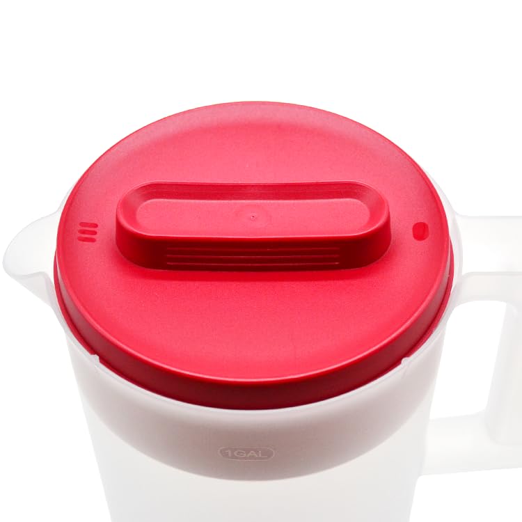 1 Pack 1 Gallon 4 Quarts Plastic Beverage Pitcher Clear Body & Red Lid, 3 Position Pour Spout Lid for Water Tea and Drinks