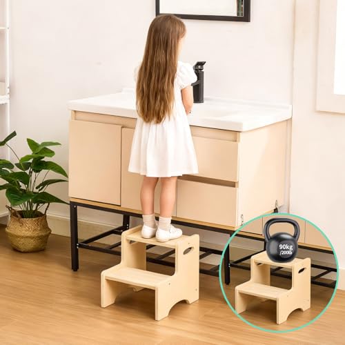 Wooden Two-Step Stool for Toddlers with Non-Slip Pads & Handles