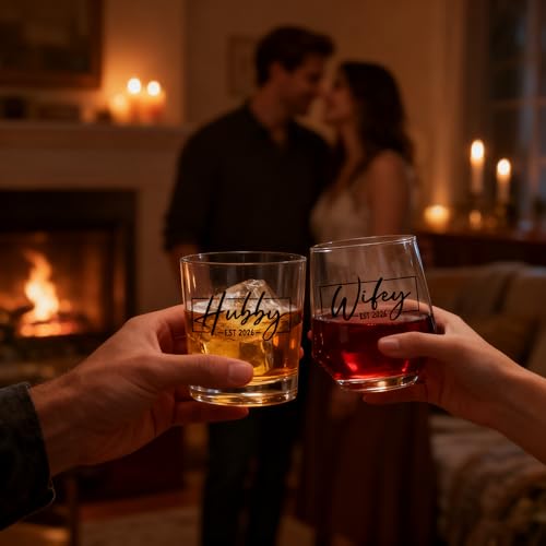 DeeCoo His & Hers Wine & Whiskey Glass Set - Wedding Gift for Couples, 2026 Newlyweds