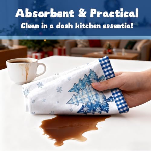 HEIFAM 6-Piece Christmas Kitchen Towels Set White Snowman Blue Plaid 26x17