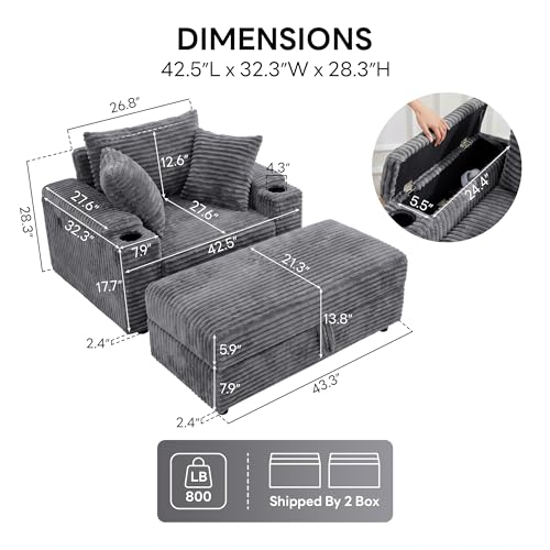54-Inch Oversized Corduroy Chaise Lounge with Storage Ottoman and USB Port