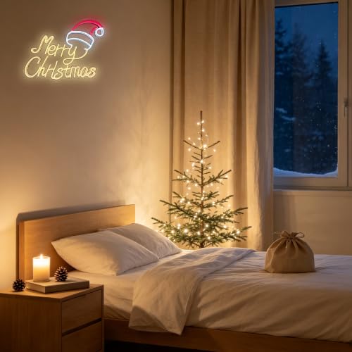 Allball Merry Christmas Neon Sign Wall Decor USB Dimmable LED Santa Hat Light - Warm White, Cold White & Red