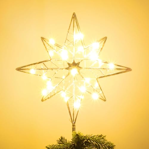 Lighted Gold Christmas Tree Topper - 11 Inch 30 LED 8-Point Star with Timer