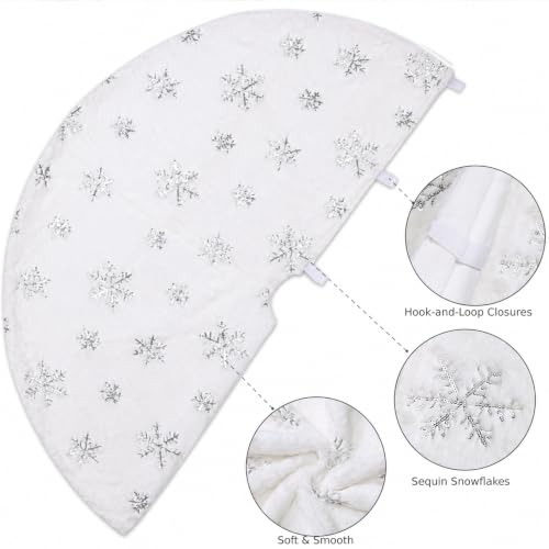 Silver 60 Inch Faux Fur Christmas Tree Skirt with Sequin Snowflakes - White Holiday Decor