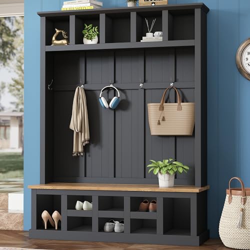 Farmhouse Hall Tree with Bench and Shoe Storage, 6-Hook Entryway Coat Rack