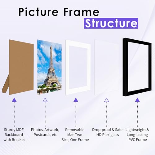 8x10 Black Picture Frames (Set of 4) with Mat for Wall & Tabletop