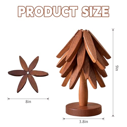 Brown Wooden Tree Trivet Set with Stand - Foldable Hot Dish Protector, Walnut Wood