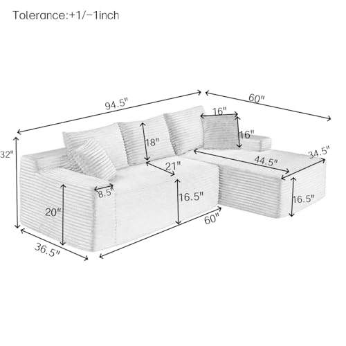 ERYE Black 95-Inch L-Shaped Modular Sectional Couch with Chaise Lounge – Right Facing